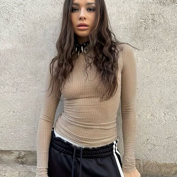 Semi-Sheer Long sleeved Top Slim silver‎ dots - Picture 1 of 9